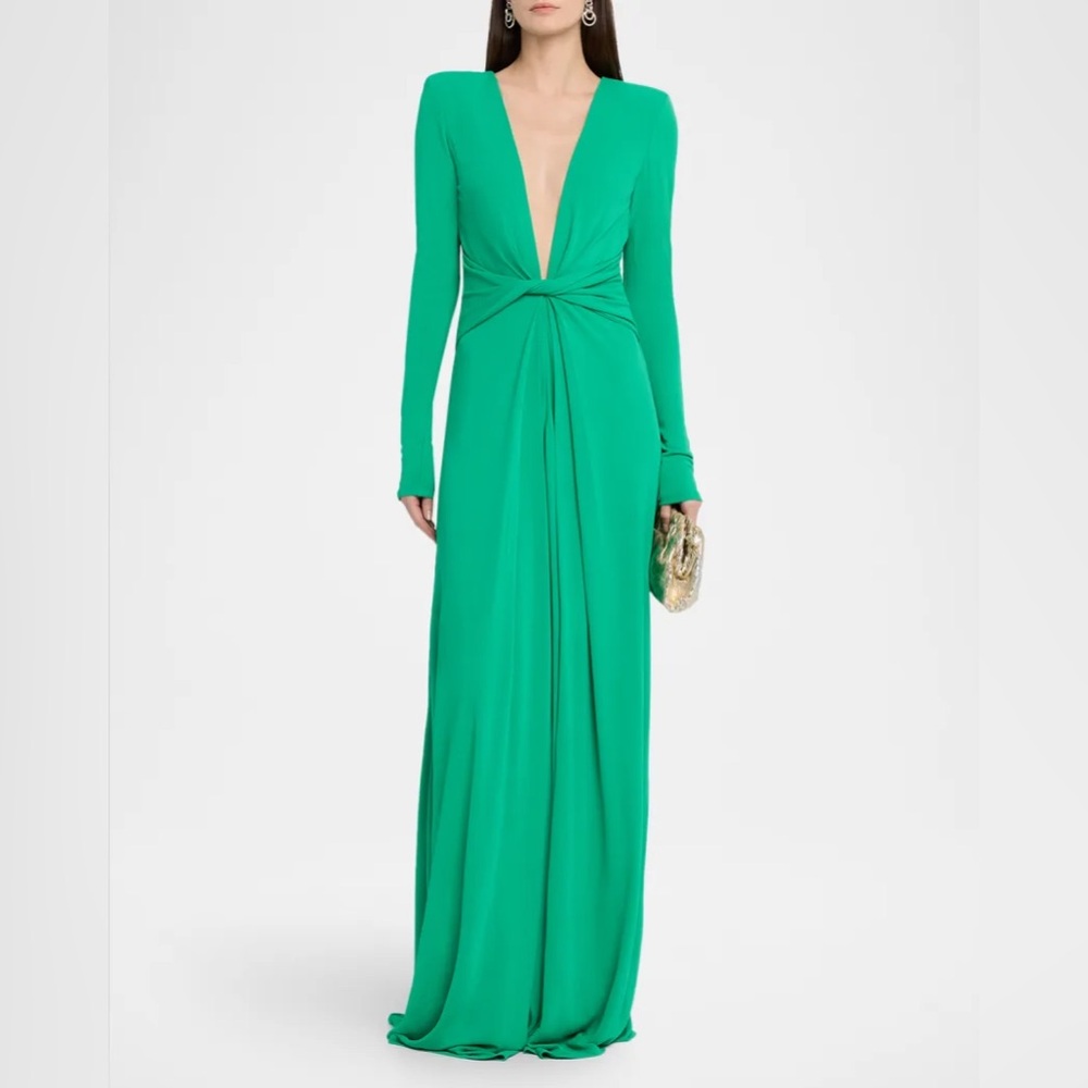 Ramy Brook Martini Gown Long Sleeve Deep V-Neck Emerald Green Evening Dress